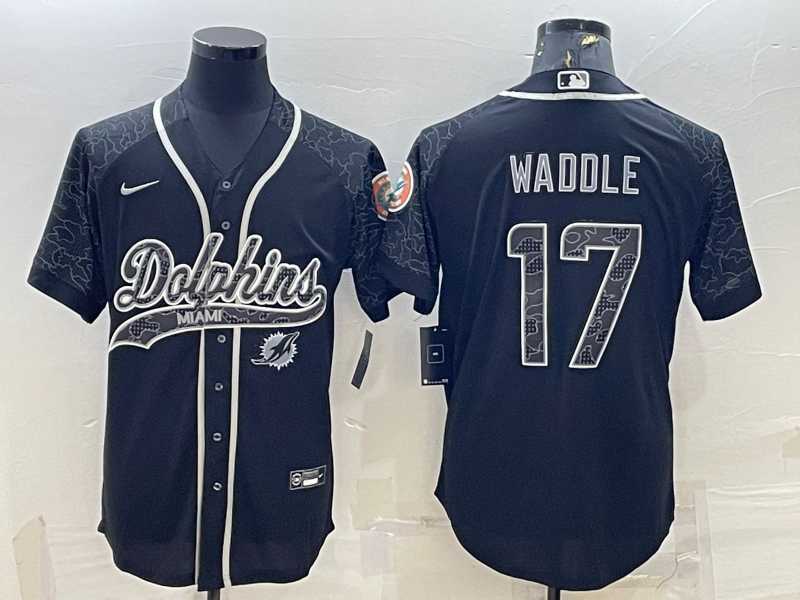 Men%27s Miami Dolphins #17 Jaylen Waddle Black Reflective With Patch Cool Base Stitched Baseball Jersey